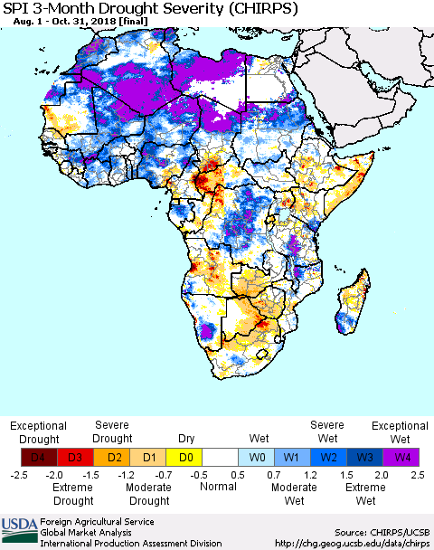 Africa SPI 3-Month Drought Severity (CHIRPS) Thematic Map For 8/1/2018 - 10/31/2018
