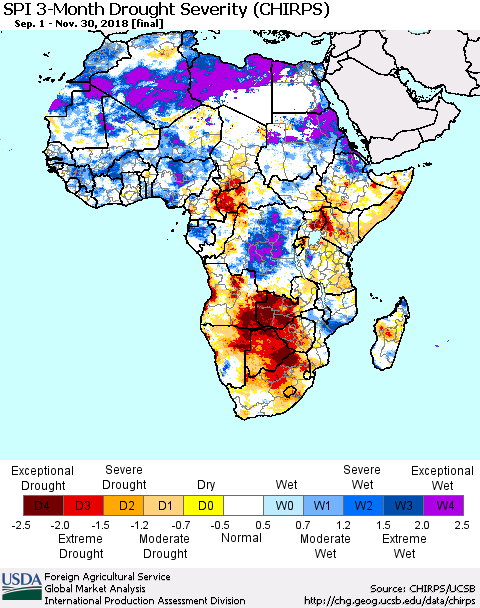 Africa SPI 3-Month Drought Severity (CHIRPS) Thematic Map For 9/1/2018 - 11/30/2018