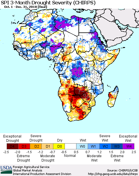 Africa SPI 3-Month Drought Severity (CHIRPS) Thematic Map For 10/1/2018 - 12/31/2018