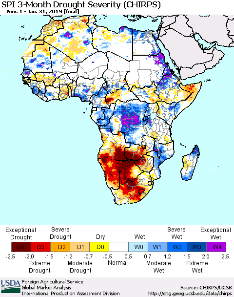 Africa SPI 3-Month Drought Severity (CHIRPS) Thematic Map For 11/1/2018 - 1/31/2019