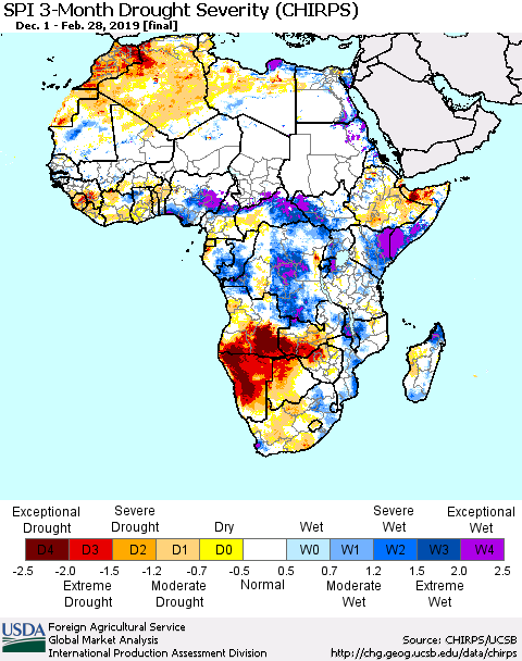 Africa SPI 3-Month Drought Severity (CHIRPS) Thematic Map For 12/1/2018 - 2/28/2019