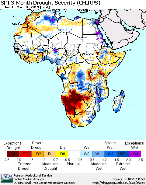 Africa SPI 3-Month Drought Severity (CHIRPS) Thematic Map For 1/1/2019 - 3/31/2019