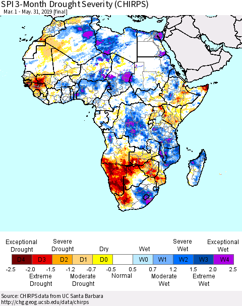 Africa SPI 3-Month Drought Severity (CHIRPS) Thematic Map For 3/1/2019 - 5/31/2019