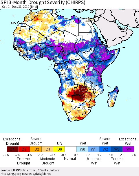 Africa SPI 3-Month Drought Severity (CHIRPS) Thematic Map For 10/1/2019 - 12/31/2019
