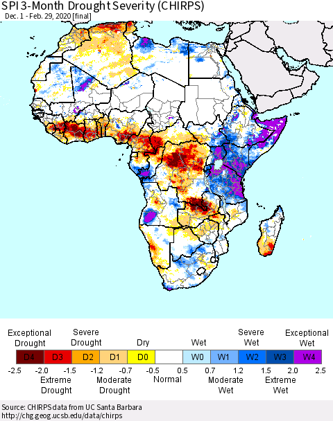 Africa SPI 3-Month Drought Severity (CHIRPS) Thematic Map For 12/1/2019 - 2/29/2020
