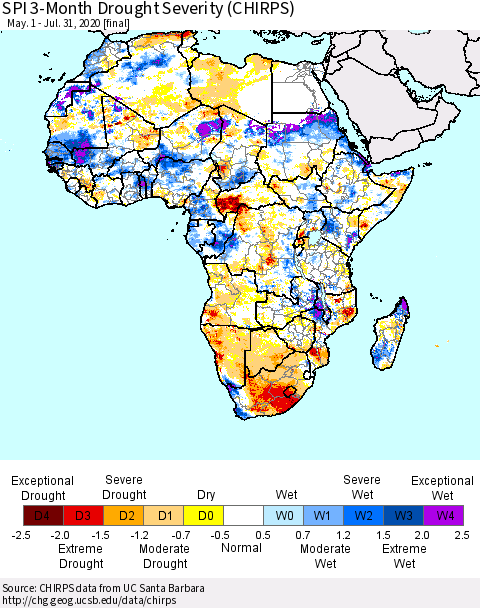Africa SPI 3-Month Drought Severity (CHIRPS) Thematic Map For 5/1/2020 - 7/31/2020