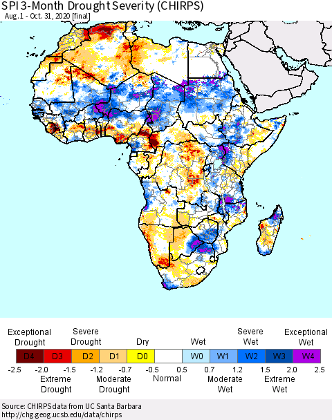 Africa SPI 3-Month Drought Severity (CHIRPS) Thematic Map For 8/1/2020 - 10/31/2020