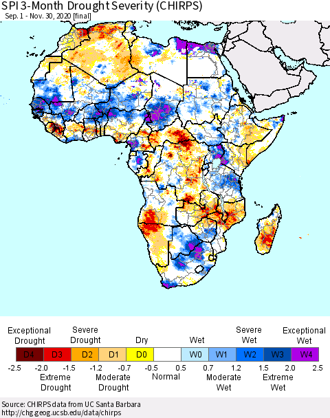 Africa SPI 3-Month Drought Severity (CHIRPS) Thematic Map For 9/1/2020 - 11/30/2020