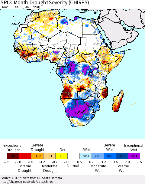 Africa SPI 3-Month Drought Severity (CHIRPS) Thematic Map For 11/1/2020 - 1/31/2021