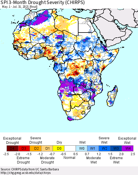 Africa SPI 3-Month Drought Severity (CHIRPS) Thematic Map For 5/1/2021 - 7/31/2021