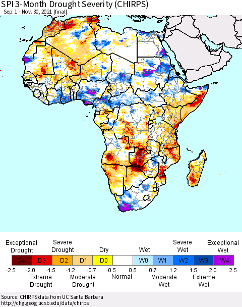 Africa SPI 3-Month Drought Severity (CHIRPS) Thematic Map For 9/1/2021 - 11/30/2021