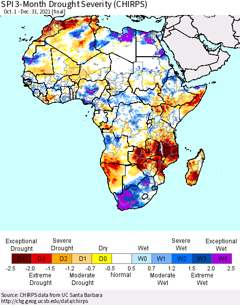 Africa SPI 3-Month Drought Severity (CHIRPS) Thematic Map For 10/1/2021 - 12/31/2021