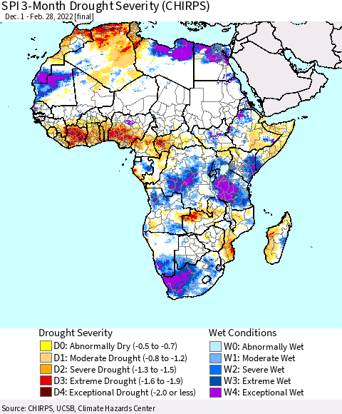 Africa SPI 3-Month Drought Severity (CHIRPS) Thematic Map For 12/1/2021 - 2/28/2022