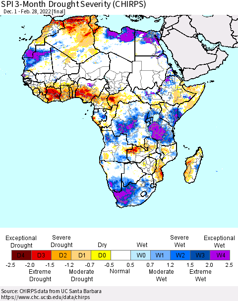 Africa SPI 3-Month Drought Severity (CHIRPS) Thematic Map For 12/1/2021 - 2/28/2022