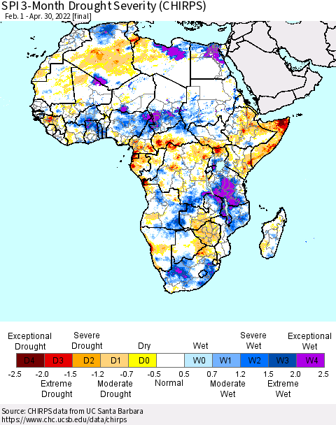Africa SPI 3-Month Drought Severity (CHIRPS) Thematic Map For 2/1/2022 - 4/30/2022