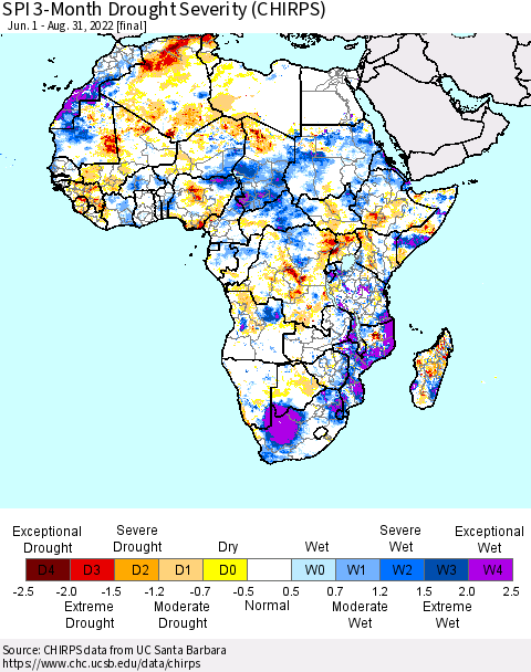 Africa SPI 3-Month Drought Severity (CHIRPS) Thematic Map For 6/1/2022 - 8/31/2022