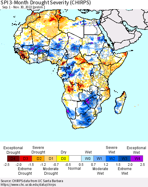 Africa SPI 3-Month Drought Severity (CHIRPS) Thematic Map For 9/1/2022 - 11/30/2022