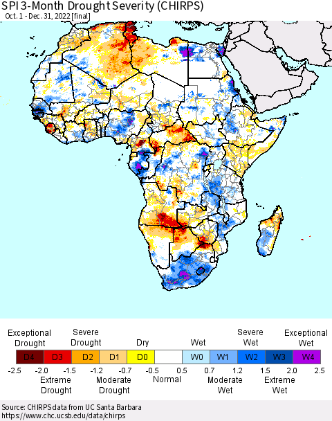 Africa SPI 3-Month Drought Severity (CHIRPS) Thematic Map For 10/1/2022 - 12/31/2022