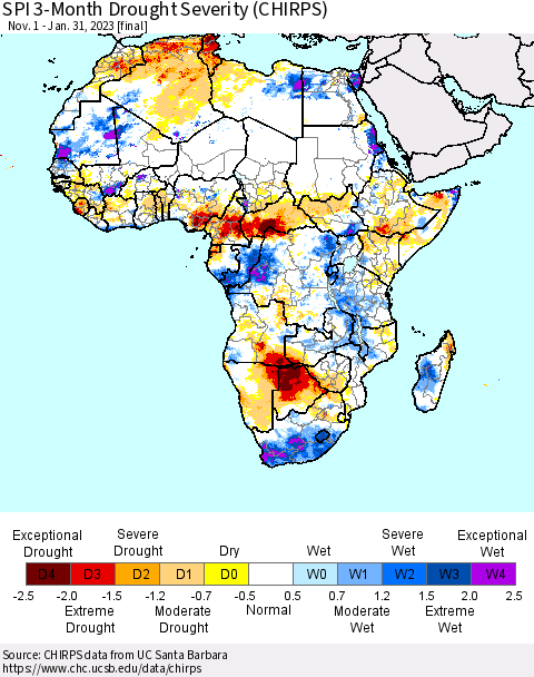 Africa SPI 3-Month Drought Severity (CHIRPS) Thematic Map For 11/1/2022 - 1/31/2023