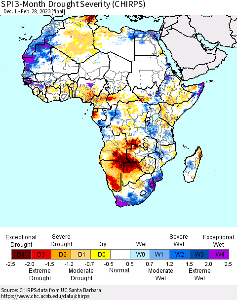 Africa SPI 3-Month Drought Severity (CHIRPS) Thematic Map For 12/1/2022 - 2/28/2023