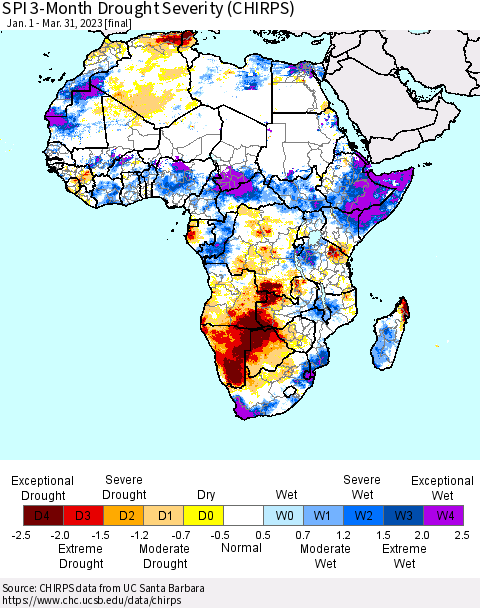 Africa SPI 3-Month Drought Severity (CHIRPS) Thematic Map For 1/1/2023 - 3/31/2023