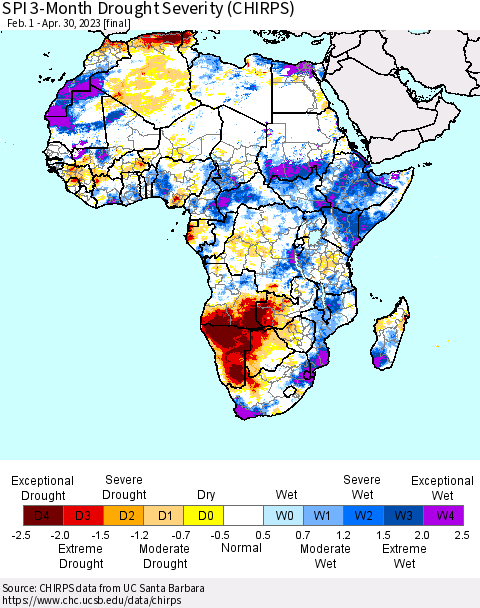 Africa SPI 3-Month Drought Severity (CHIRPS) Thematic Map For 2/1/2023 - 4/30/2023