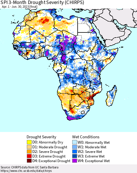 Africa SPI 3-Month Drought Severity (CHIRPS) Thematic Map For 4/1/2023 - 6/30/2023