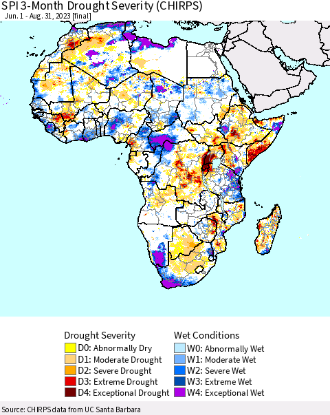 Africa SPI 3-Month Drought Severity (CHIRPS) Thematic Map For 6/1/2023 - 8/31/2023
