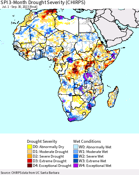Africa SPI 3-Month Drought Severity (CHIRPS) Thematic Map For 7/1/2023 - 9/30/2023