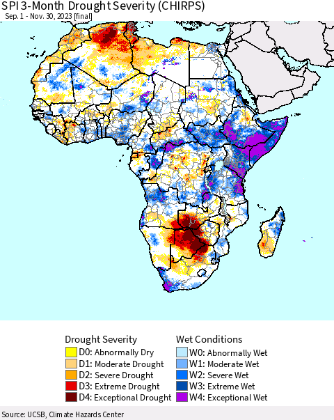 Africa SPI 3-Month Drought Severity (CHIRPS) Thematic Map For 9/1/2023 - 11/30/2023