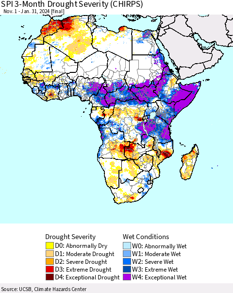 Africa SPI 3-Month Drought Severity (CHIRPS) Thematic Map For 11/1/2023 - 1/31/2024