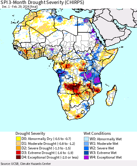 Africa SPI 3-Month Drought Severity (CHIRPS) Thematic Map For 12/1/2023 - 2/29/2024