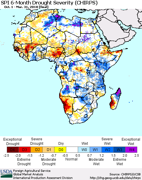 Africa SPI 6-Month Drought Severity (CHIRPS) Thematic Map For 10/1/2017 - 3/31/2018