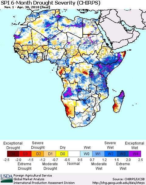 Africa SPI 6-Month Drought Severity (CHIRPS) Thematic Map For 11/1/2017 - 4/30/2018