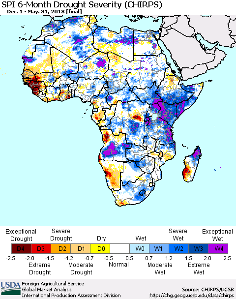 Africa SPI 6-Month Drought Severity (CHIRPS) Thematic Map For 12/1/2017 - 5/31/2018