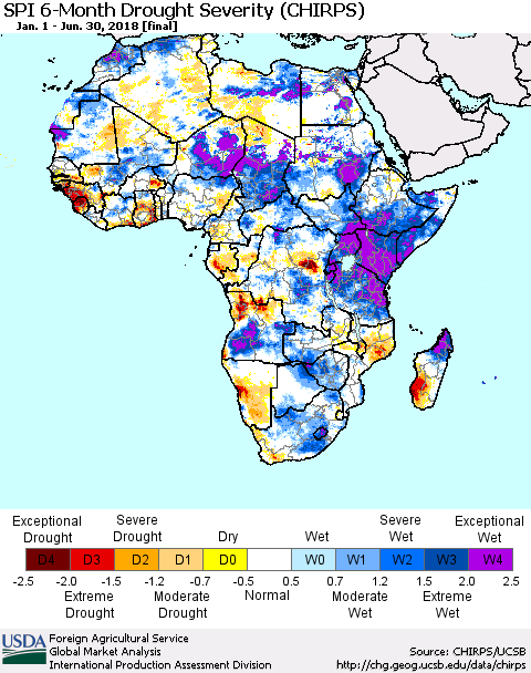 Africa SPI 6-Month Drought Severity (CHIRPS) Thematic Map For 1/1/2018 - 6/30/2018