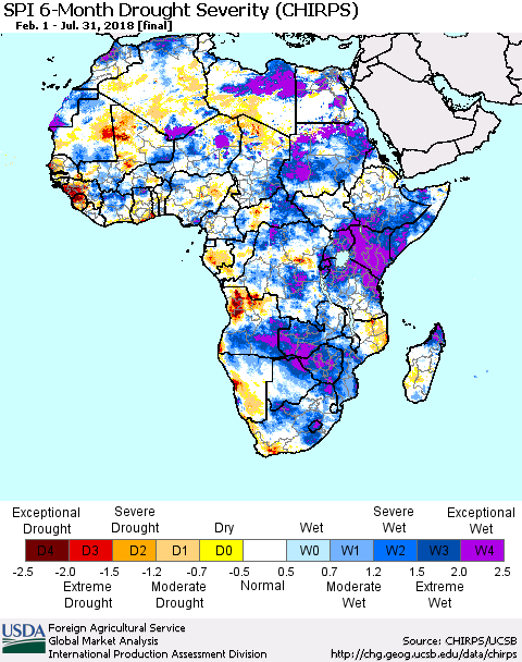 Africa SPI 6-Month Drought Severity (CHIRPS) Thematic Map For 2/1/2018 - 7/31/2018