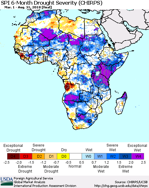 Africa SPI 6-Month Drought Severity (CHIRPS) Thematic Map For 3/1/2018 - 8/31/2018