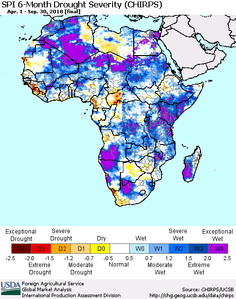 Africa SPI 6-Month Drought Severity (CHIRPS) Thematic Map For 4/1/2018 - 9/30/2018