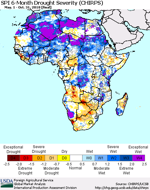 Africa SPI 6-Month Drought Severity (CHIRPS) Thematic Map For 5/1/2018 - 10/31/2018