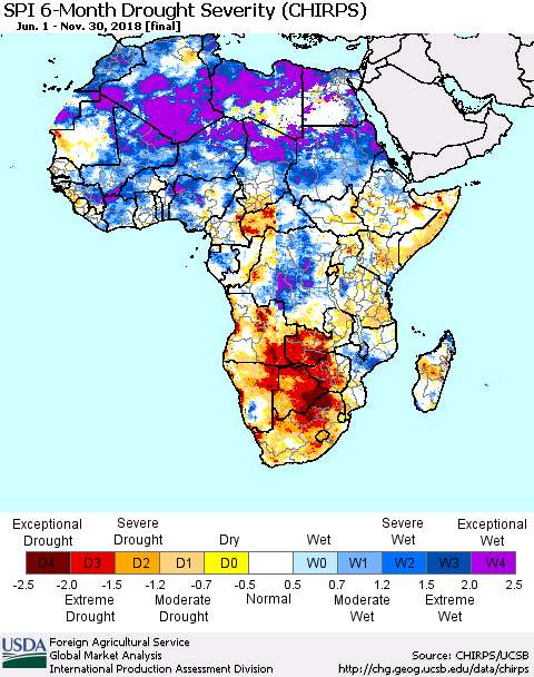 Africa SPI 6-Month Drought Severity (CHIRPS) Thematic Map For 6/1/2018 - 11/30/2018