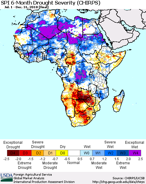 Africa SPI 6-Month Drought Severity (CHIRPS) Thematic Map For 7/1/2018 - 12/31/2018