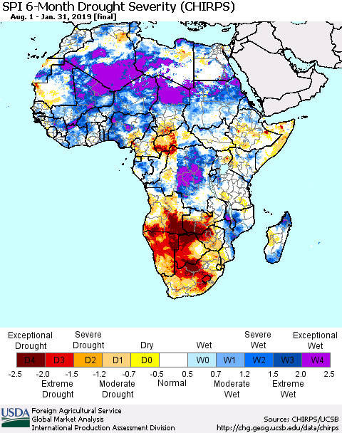 Africa SPI 6-Month Drought Severity (CHIRPS) Thematic Map For 8/1/2018 - 1/31/2019