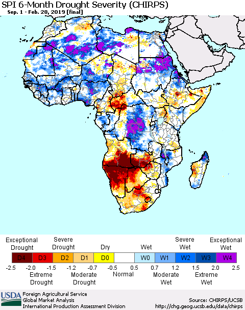 Africa SPI 6-Month Drought Severity (CHIRPS) Thematic Map For 9/1/2018 - 2/28/2019