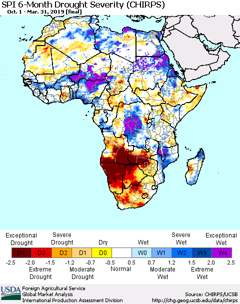 Africa SPI 6-Month Drought Severity (CHIRPS) Thematic Map For 10/1/2018 - 3/31/2019