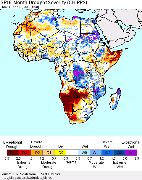 Africa SPI 6-Month Drought Severity (CHIRPS) Thematic Map For 11/1/2018 - 4/30/2019