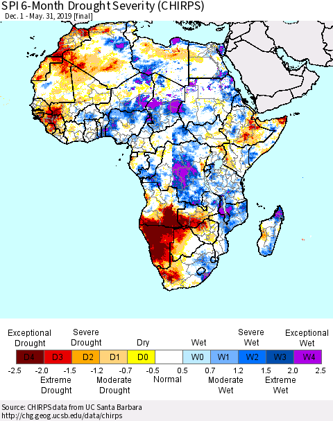 Africa SPI 6-Month Drought Severity (CHIRPS) Thematic Map For 12/1/2018 - 5/31/2019
