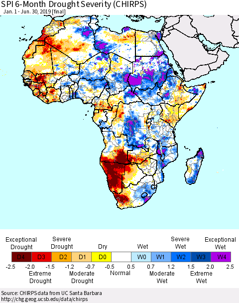 Africa SPI 6-Month Drought Severity (CHIRPS) Thematic Map For 1/1/2019 - 6/30/2019