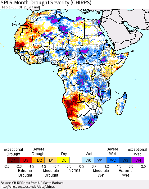 Africa SPI 6-Month Drought Severity (CHIRPS) Thematic Map For 2/1/2019 - 7/31/2019