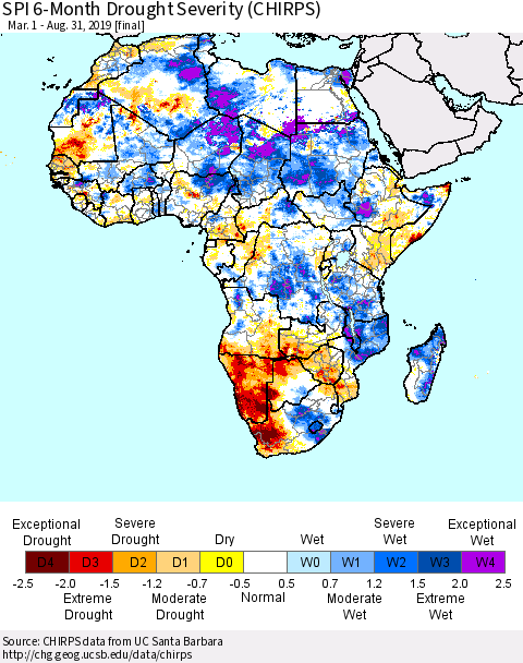 Africa SPI 6-Month Drought Severity (CHIRPS) Thematic Map For 3/1/2019 - 8/31/2019